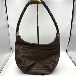 Brighton Hobo‎ Shoulder Handbag Dark Brown Leather Braided Strap Y2K Boho 9x13"